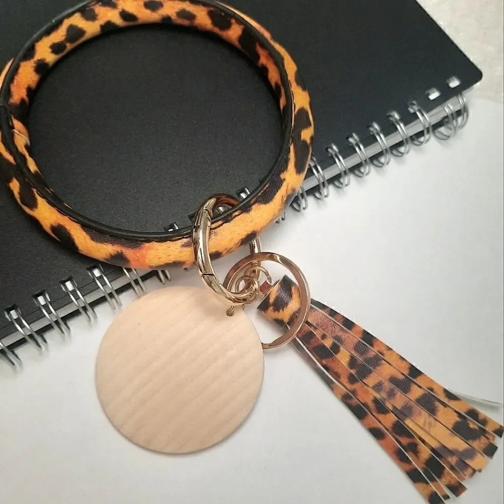 Ladies Tiger Leather Tassel Unisex Bangle Wrist Key Ring Keychain Ring